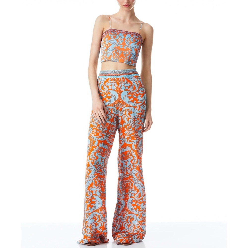 Alice + Olivia Athena Smocked Waistband Wide Leg Sienna Orange Blue Pant - Picture 8 of 17